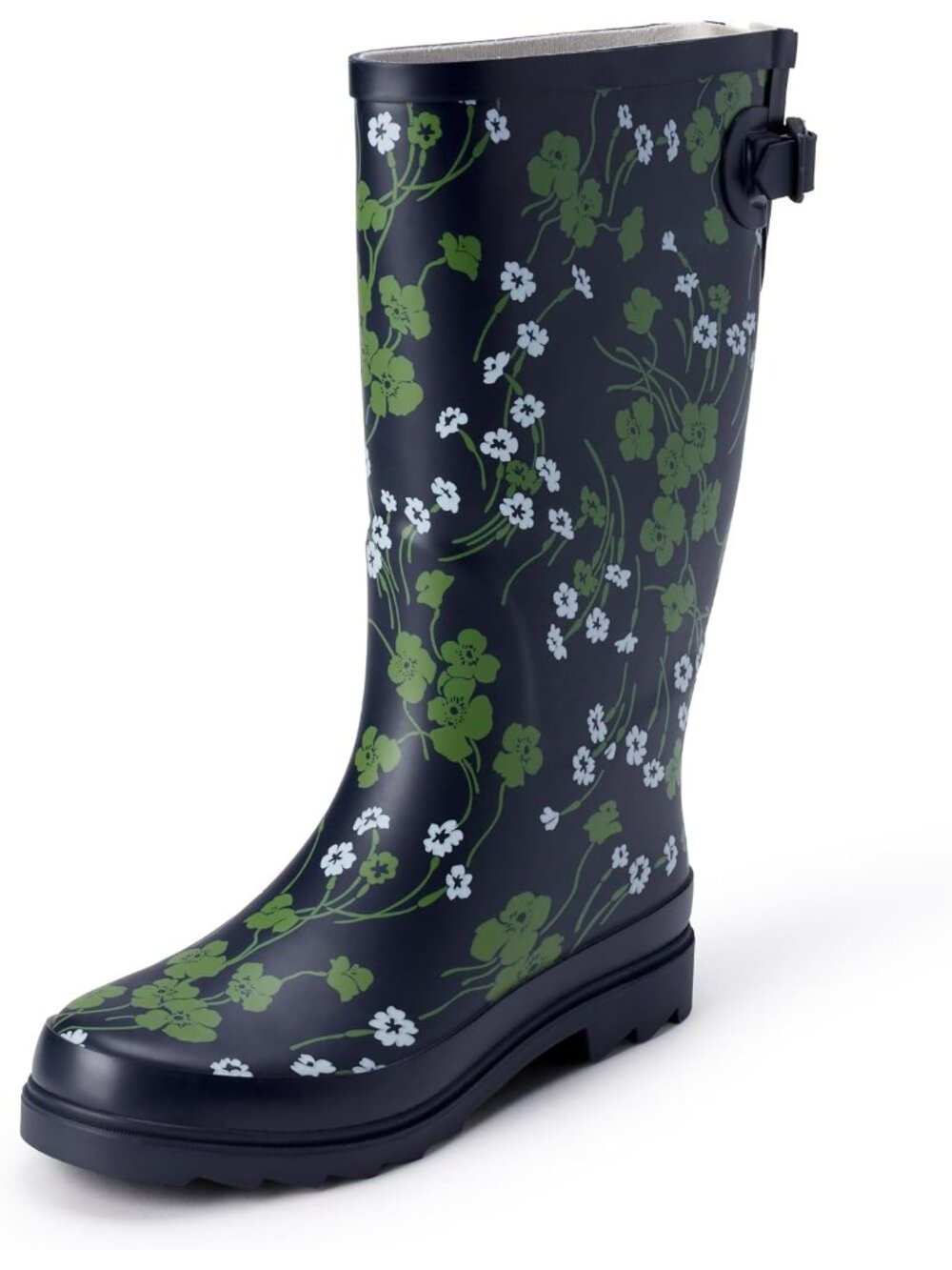 Women's Navy Floral Waterproof Adjustable Buckle Classic Knee High Rain Boot